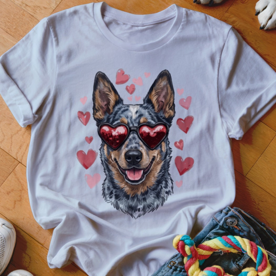 White t-shirt featuring a graphic of an Australian Cattle Dog wearing heart-shaped sunglasses surrounded by pink hearts.