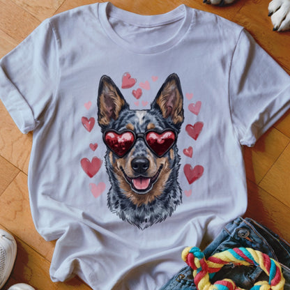 White t-shirt featuring a graphic of an Australian Cattle Dog wearing heart-shaped sunglasses surrounded by pink hearts.