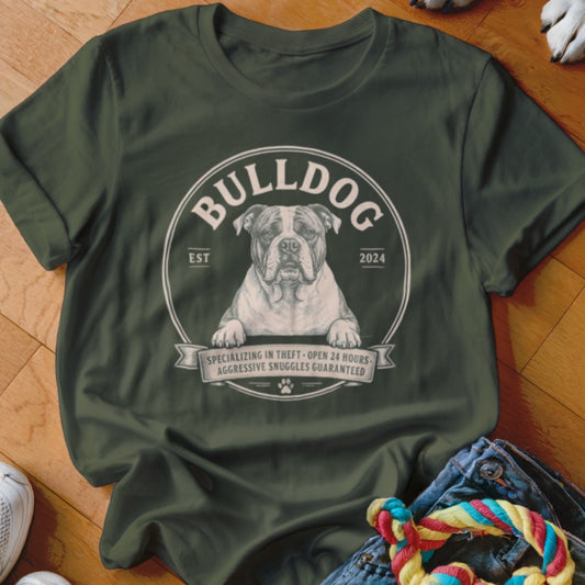 Green t-shirt with a bulldog graphic and text "Bulldog Est 2024".
