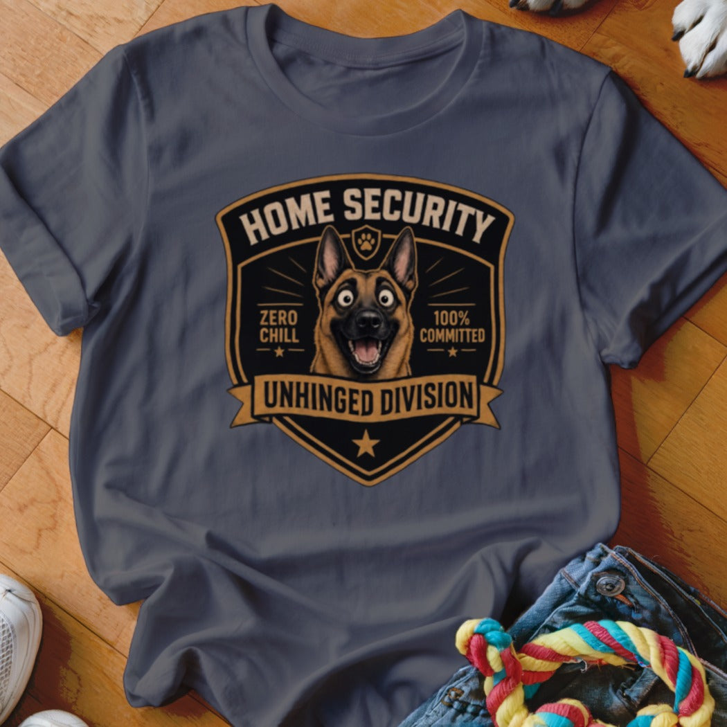 Grey t-shirt with a shield graphic of a German Shepherd, "Home Security Unhinged Division".