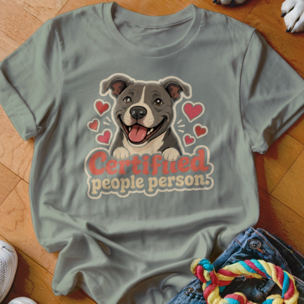 Gray t-shirt with happy pit bull illustration and text "Certified people person."