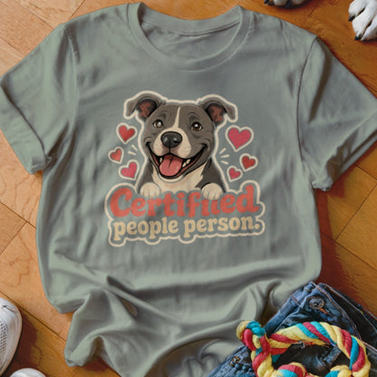 Gray t-shirt with happy pit bull illustration and text "Certified people person."