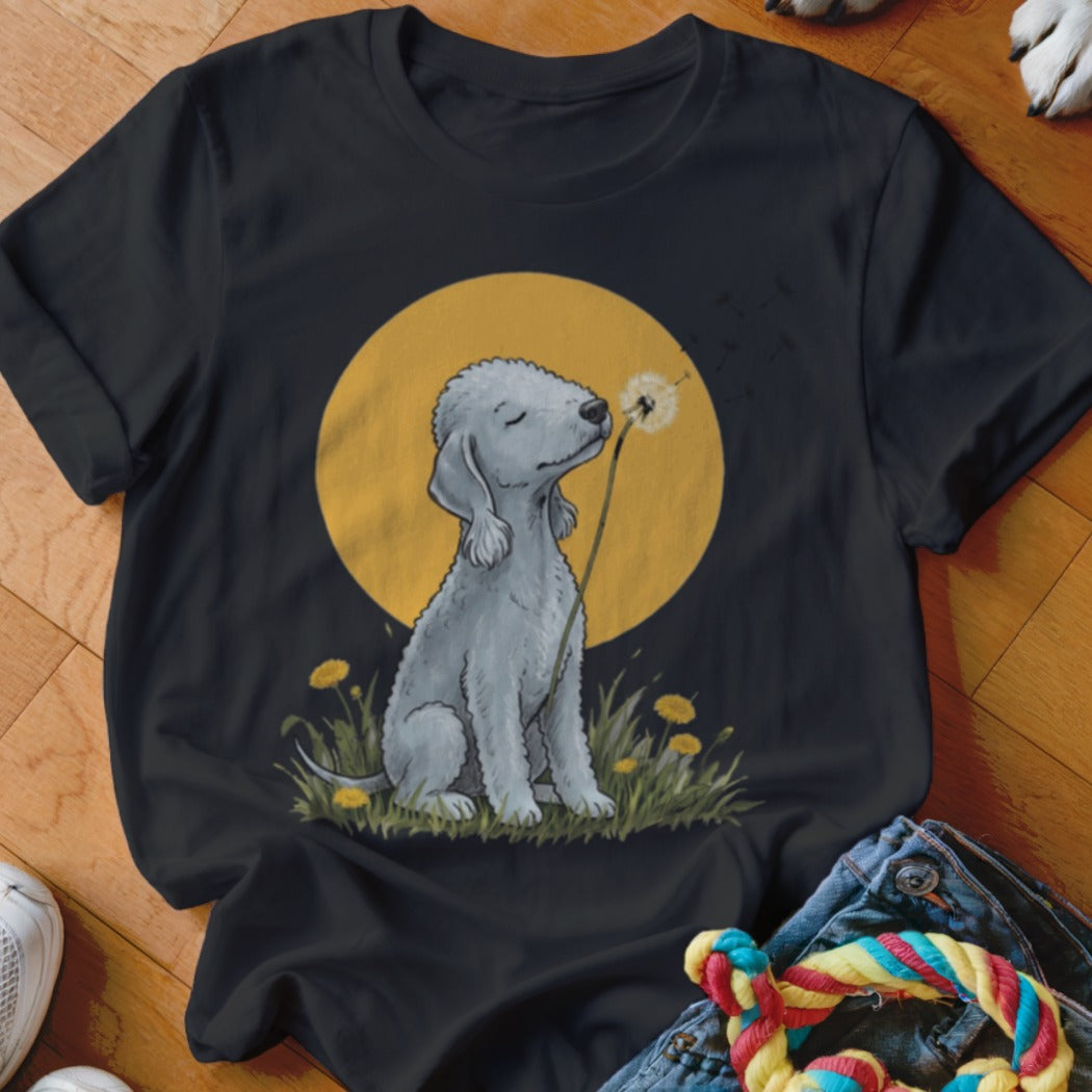 A black short-sleeved t-shirt featuring a graphic of a grey dog sitting and sniffing a dandelion.