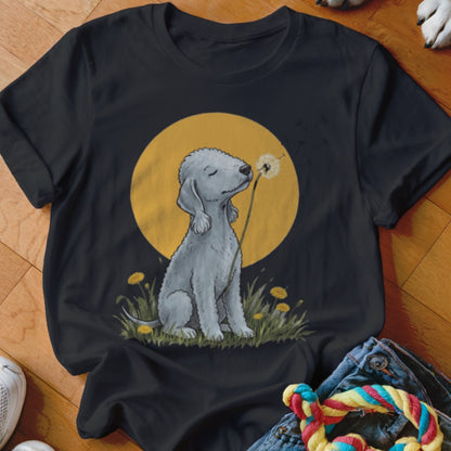A black short-sleeved t-shirt featuring a graphic of a grey dog sitting and sniffing a dandelion.