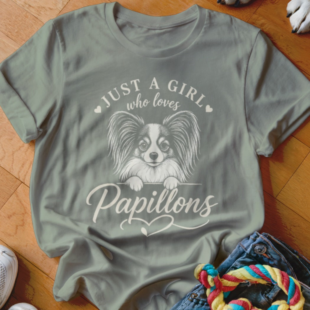 Gray t-shirt with a Papillon dog illustration and text "Just a girl who loves Papillons".