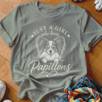 Gray t-shirt with a Papillon dog illustration and text "Just a girl who loves Papillons".