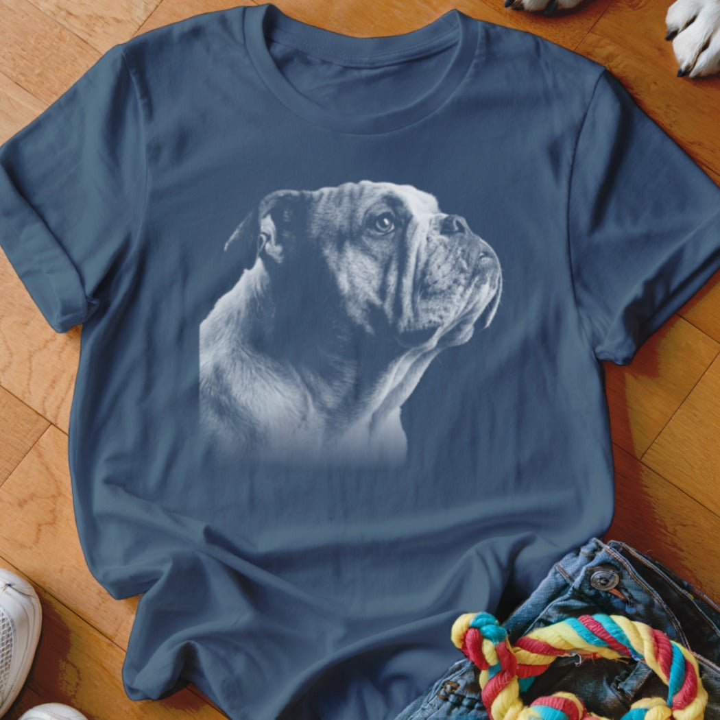 T-shirt with a faded white illustration of a bulldog's head on a dark blue shirt.