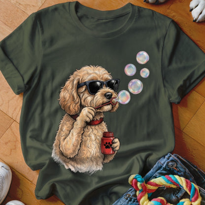 Dark green t-shirt featuring an illustrated poodle in sunglasses blowing soap bubbles.