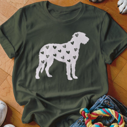 Dark green t-shirt with a white dog silhouette filled with black hearts.