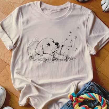 A light pink t-shirt featuring a black-line drawing of a puppy watching dandelion seeds blow away.
