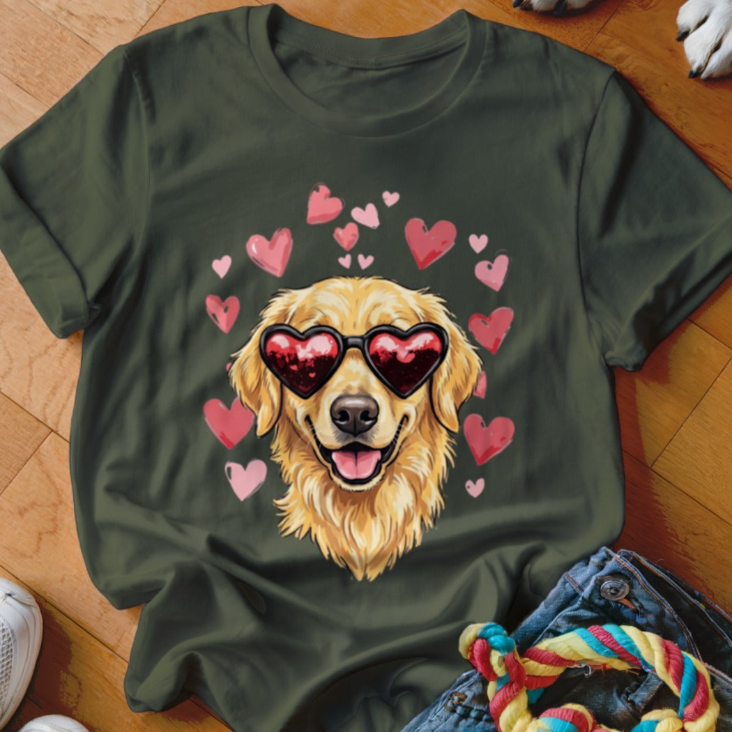 Dark green t-shirt featuring a Golden Retriever wearing heart-shaped sunglasses surrounded by pink hearts.