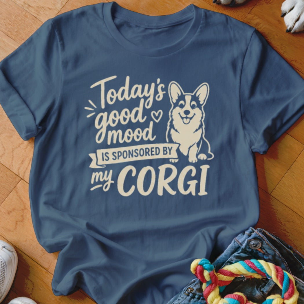 Blue t-shirt with "Today's good mood is sponsored by my CORGI" and a corgi graphic.
