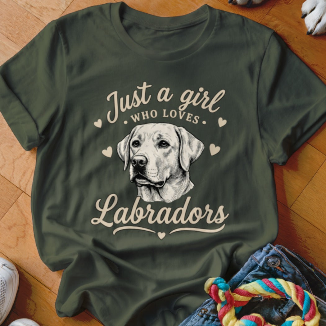 Dark green t-shirt with a Labrador retriever graphic and text reading Just a girl who loves Labradors.
