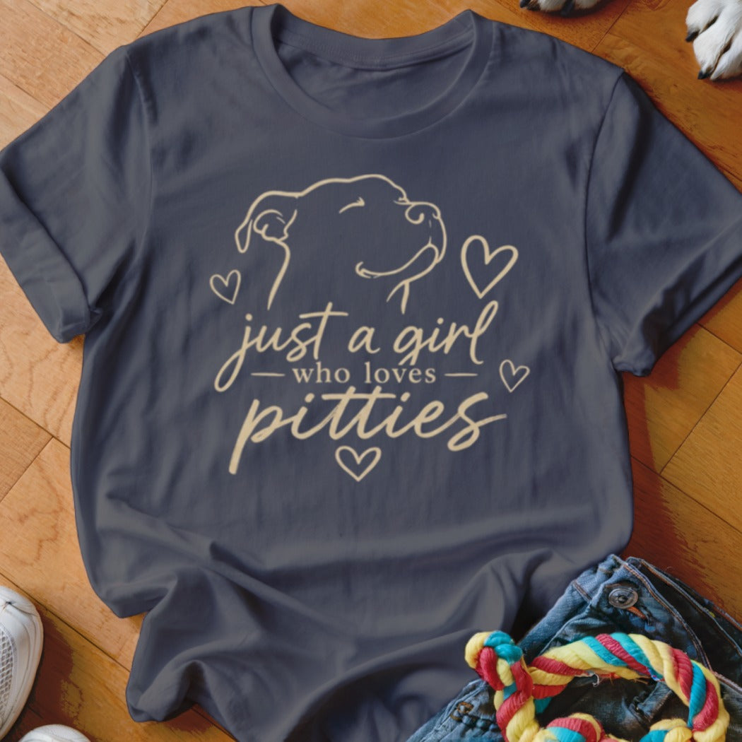 Dark blue t-shirt with "just a girl who loves pitties" and dog outline design.