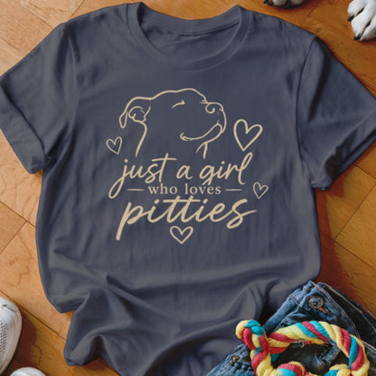 Dark blue t-shirt with "just a girl who loves pitties" and dog outline design.