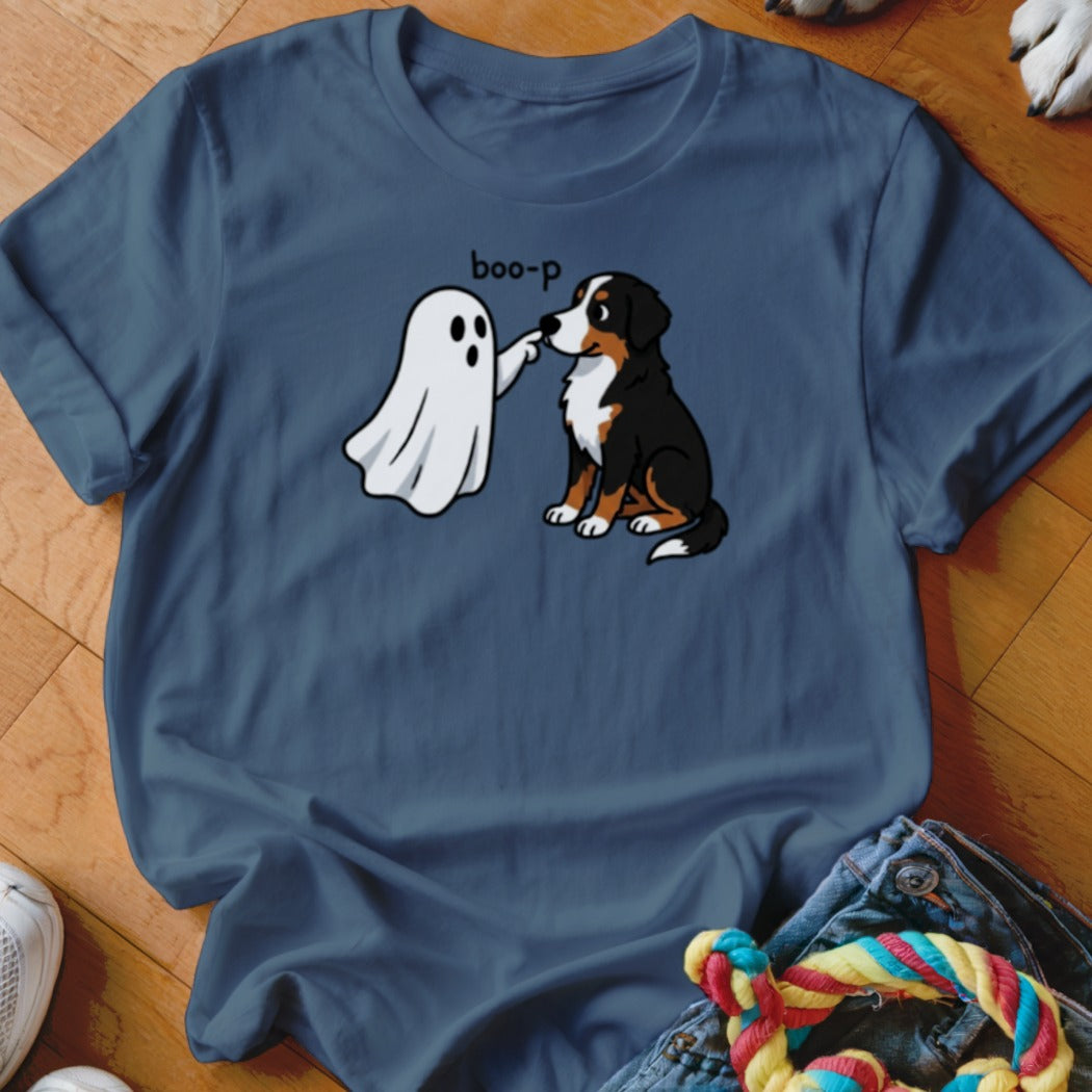 Cartoon ghost booping a Bernese Mountain Dog with text "boo-p".