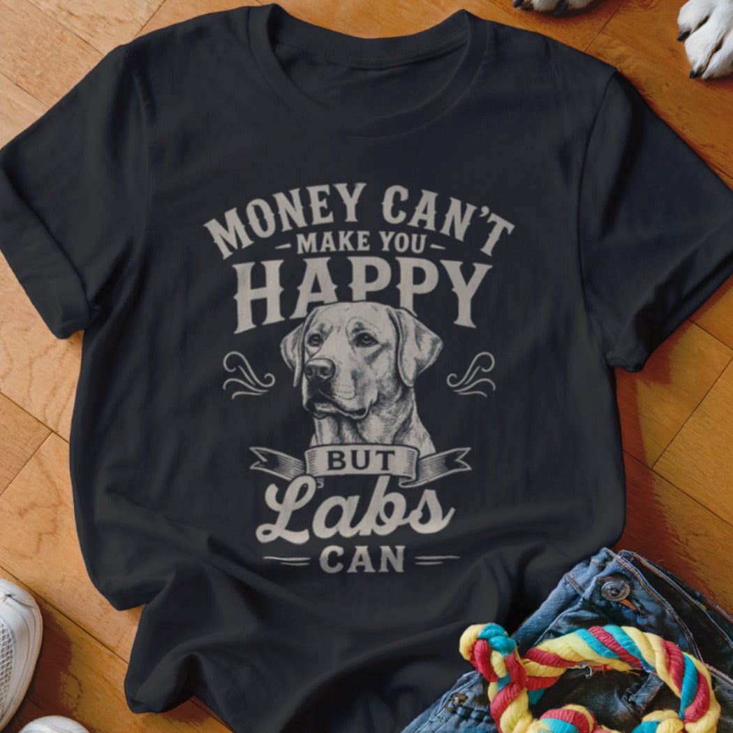 Black t-shirt with Labrador graphic and text: "Money can't make you happy but Labs can."