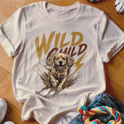 Cream t-shirt featuring a graphic of a running dog and the text Wild Child.