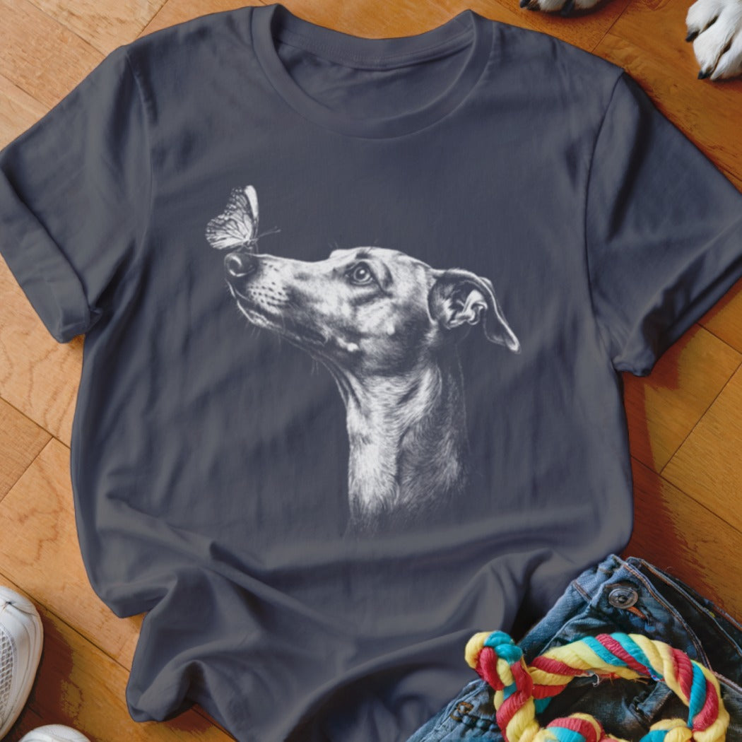 Dark gray crewneck t-shirt featuring a white sketch of a dog looking at a butterfly.