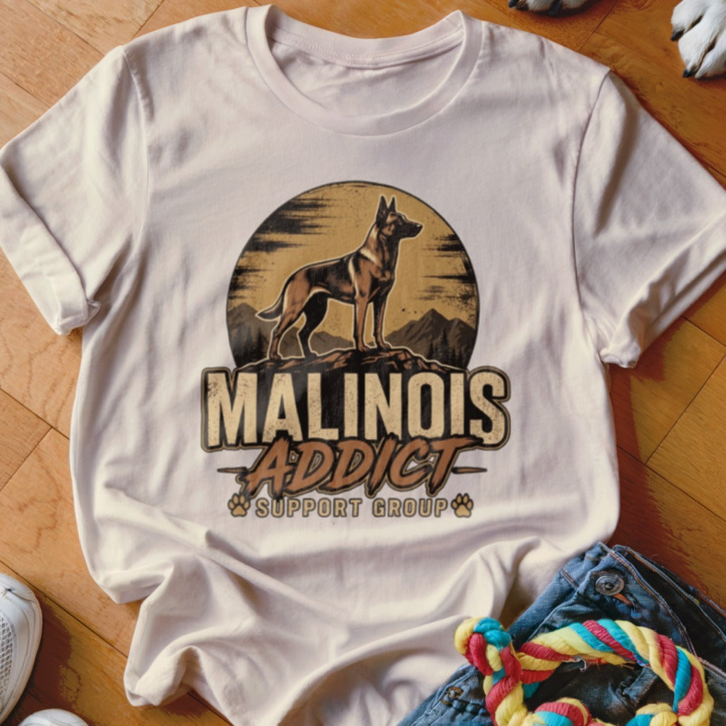 Cream t-shirt featuring a Belgian Malinois graphic and text reading "Malinois Addict Support Group".