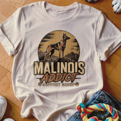 Cream t-shirt featuring a Belgian Malinois graphic and text reading "Malinois Addict Support Group".