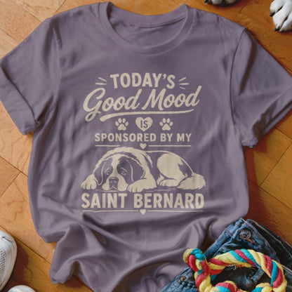 T-shirt with text "Today's Good Mood is Sponsored by my Saint Bernard" and dog illustration.