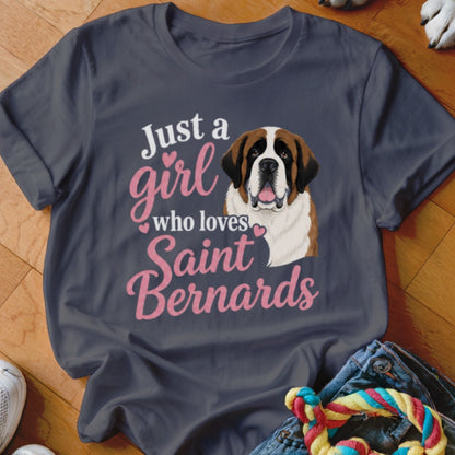 Dark grey t-shirt with "Just a girl who loves Saint Bernards" text and St. Bernard dog graphic.