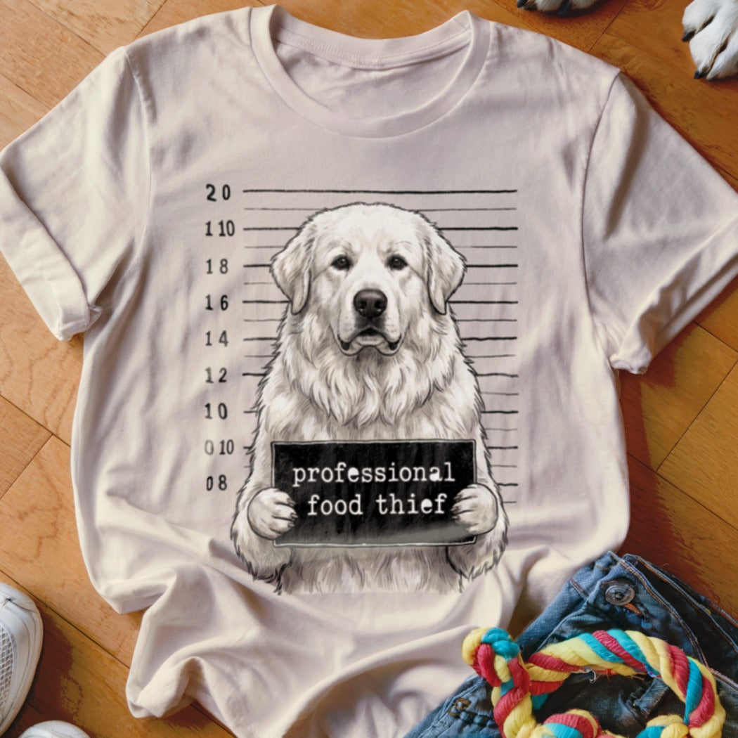 White t-shirt graphic of a dog in a mugshot holding a sign that reads "professional food thief."
