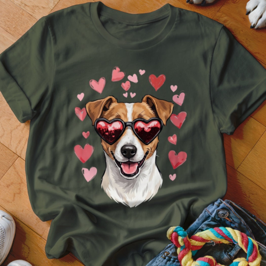 A dark green t-shirt featuring a graphic of a Jack Russell Terrier wearing heart-shaped sunglasses, surrounded by pink and red hearts.