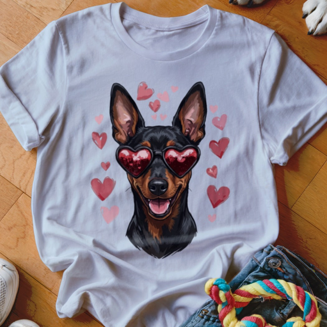 A white short-sleeved t-shirt features a graphic of a black and tan dog wearing red heart-shaped sunglasses, surrounded by pink hearts.