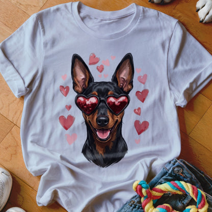 A white short-sleeved t-shirt features a graphic of a black and tan dog wearing red heart-shaped sunglasses, surrounded by pink hearts.