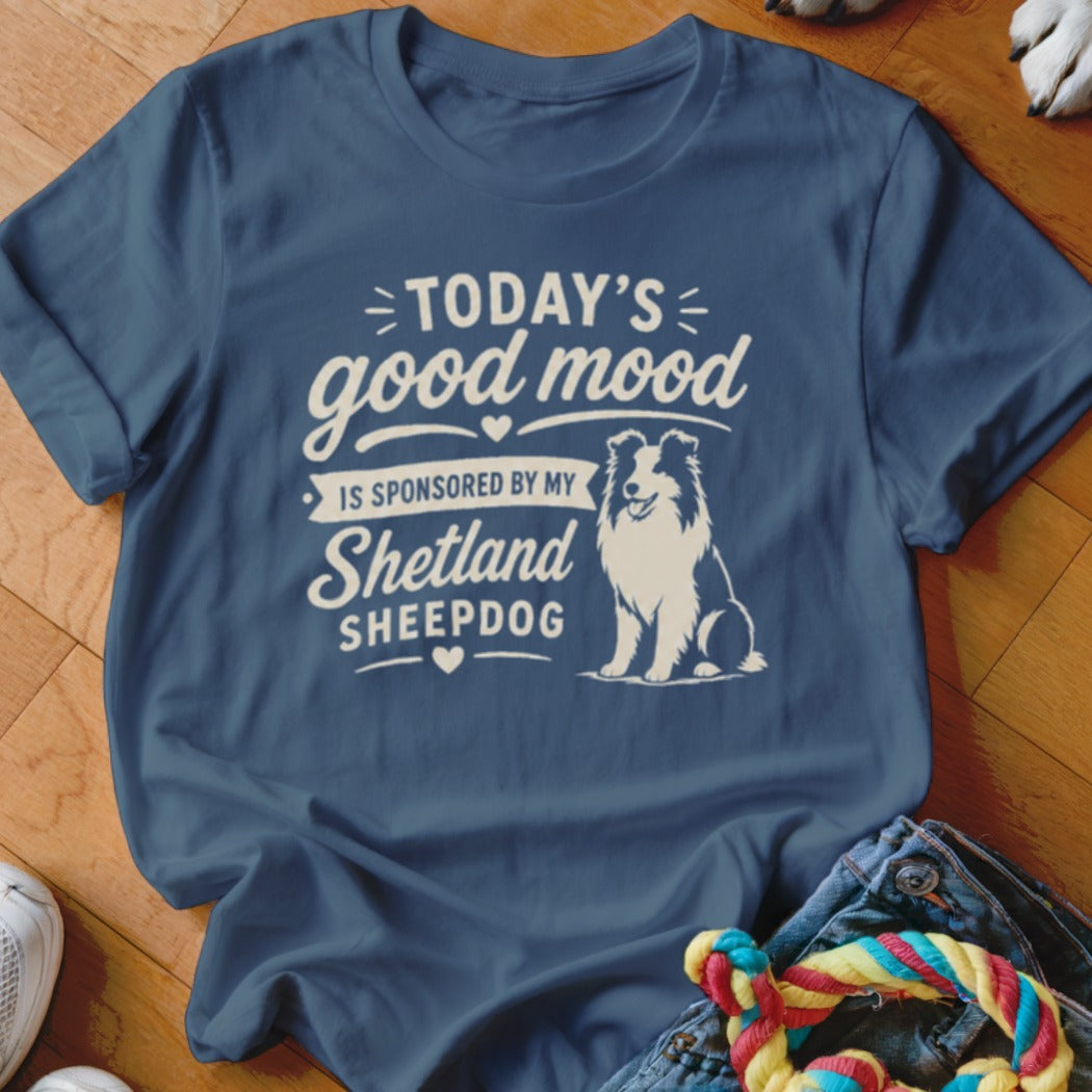 Blue t-shirt with "Today's good mood is sponsored by my Shetland Sheepdog" text.