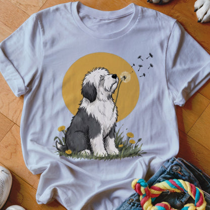 A white t-shirt featuring a graphic of an Old English Sheepdog blowing a dandelion in front of a yellow sun.