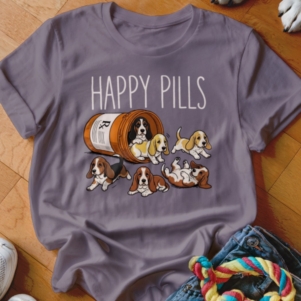 Basset hounds spill out of a pill bottle with "HAPPY PILLS" text above.