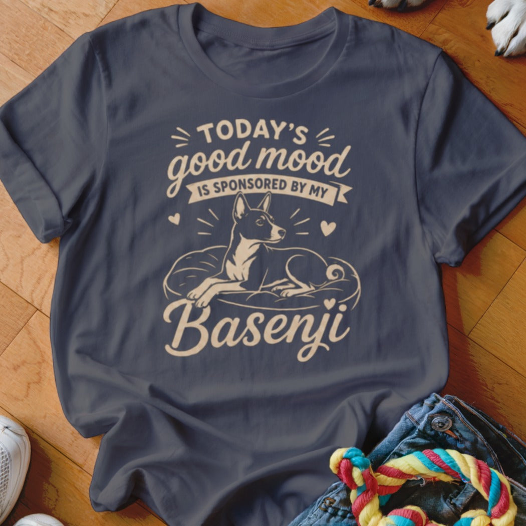 Dark blue t-shirt with text "Today's good mood is sponsored by my Basenji" and illustration.