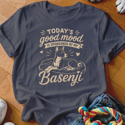 Dark blue t-shirt with text "Today's good mood is sponsored by my Basenji" and illustration.
