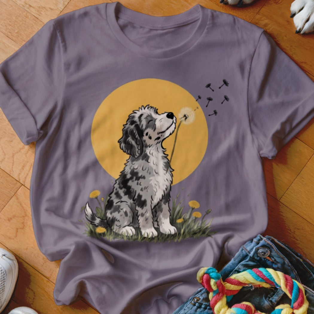 Mauve t-shirt printed with a fluffy merle puppy blowing dandelion seeds in front of a yellow moon.