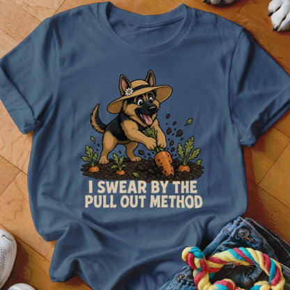 German Shepherd in straw hat pulling carrot from dirt with text "I SWEAR BY THE PULL OUT METHOD".
