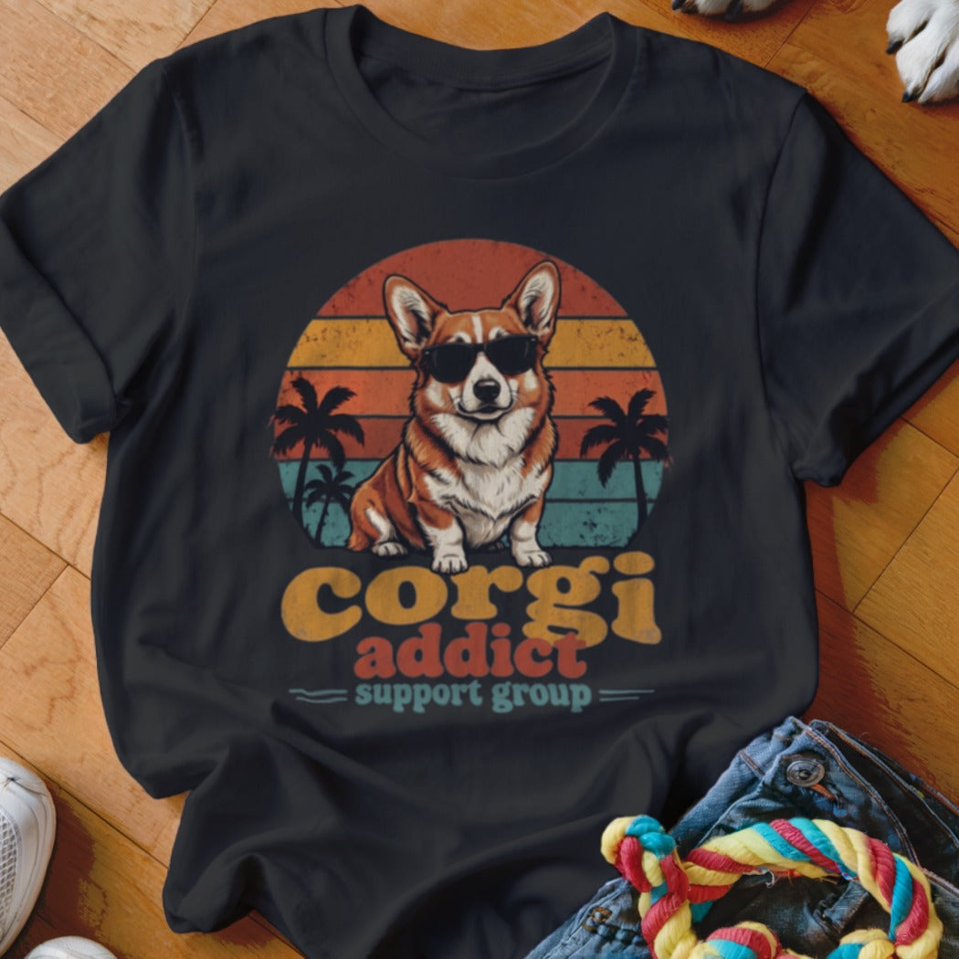 A black t-shirt printed with a corgi wearing sunglasses in front of a retro sunset and palm trees, with the text "corgi addict support group".
