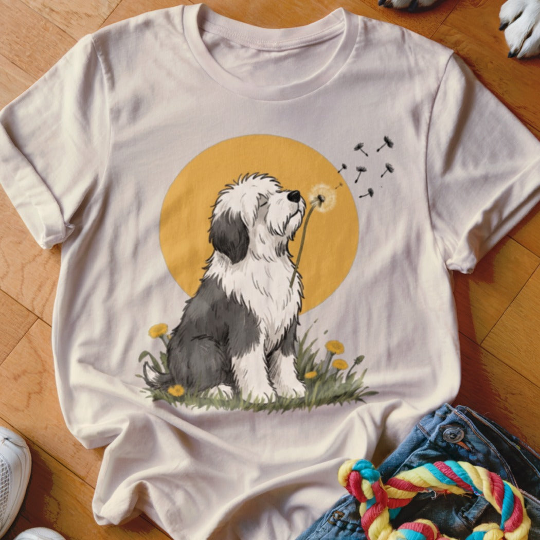 Light beige t-shirt featuring an illustration of an Old English Sheepdog blowing dandelion seeds in front of a yellow sun.