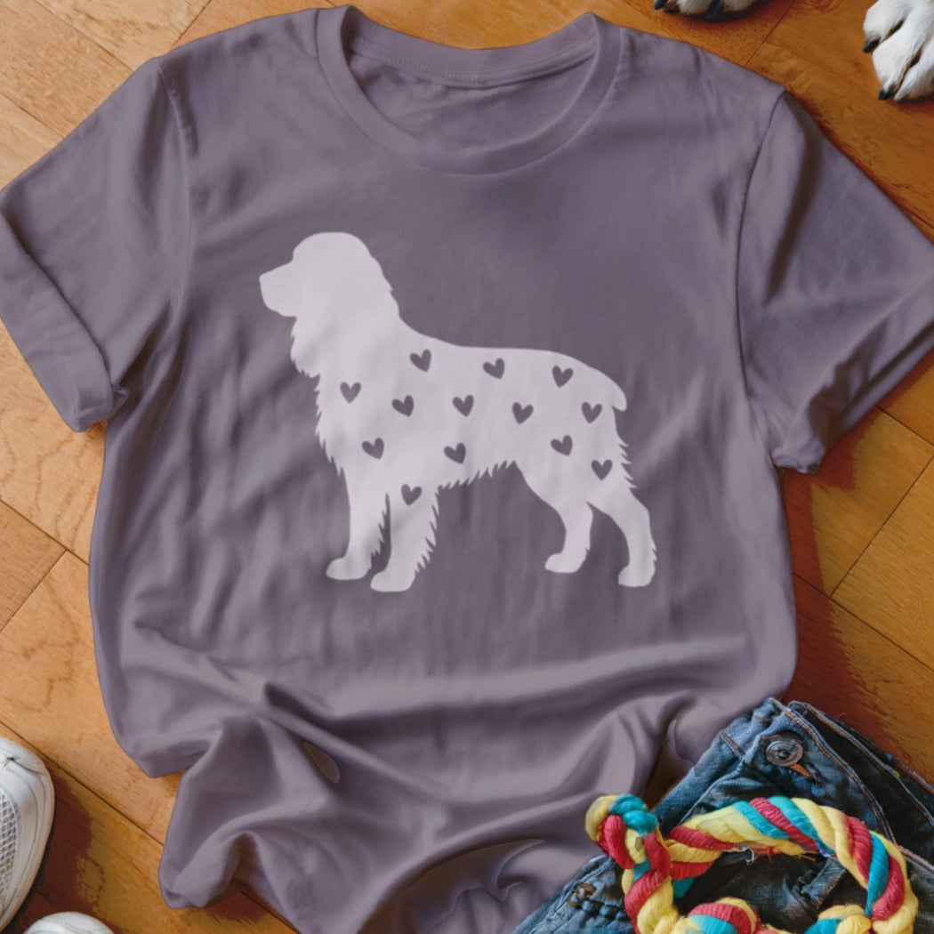 Purple t-shirt with white silhouette of a dog covered in small hearts.