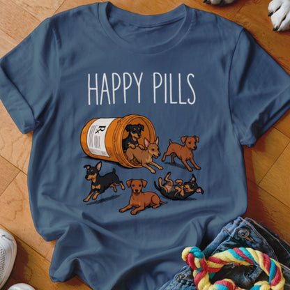 T-shirt with "HAPPY PILLS" text and cartoon dogs spilling from a prescription bottle.