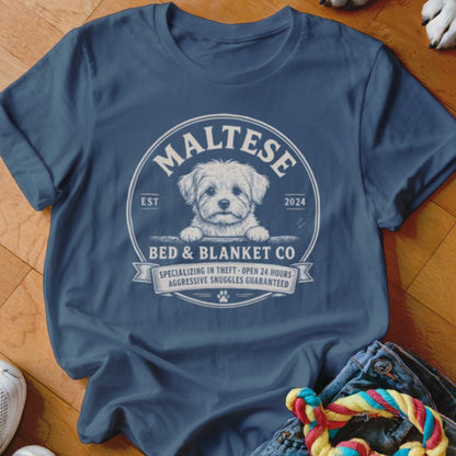 Dark blue t-shirt with Maltese dog logo: "MALTESE BED & BLANKET CO".