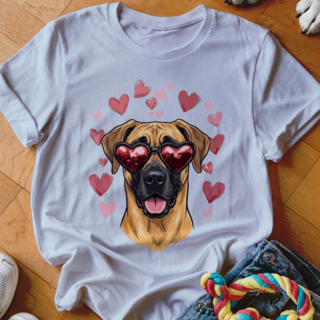 White t-shirt featuring an illustration of a brown dog wearing heart-shaped sunglasses, surrounded by pink hearts.