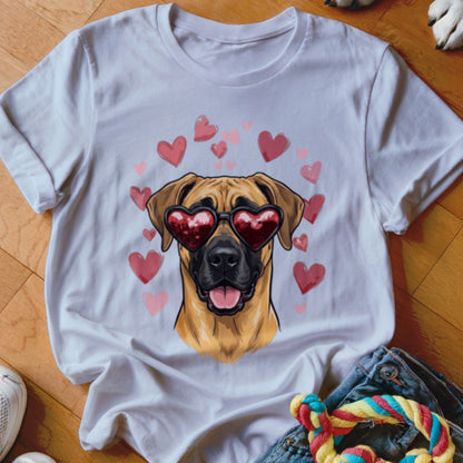 White t-shirt featuring an illustration of a brown dog wearing heart-shaped sunglasses, surrounded by pink hearts.