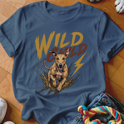 A dark blue t-shirt featuring a graphic of a running dog and the text Wild Child.