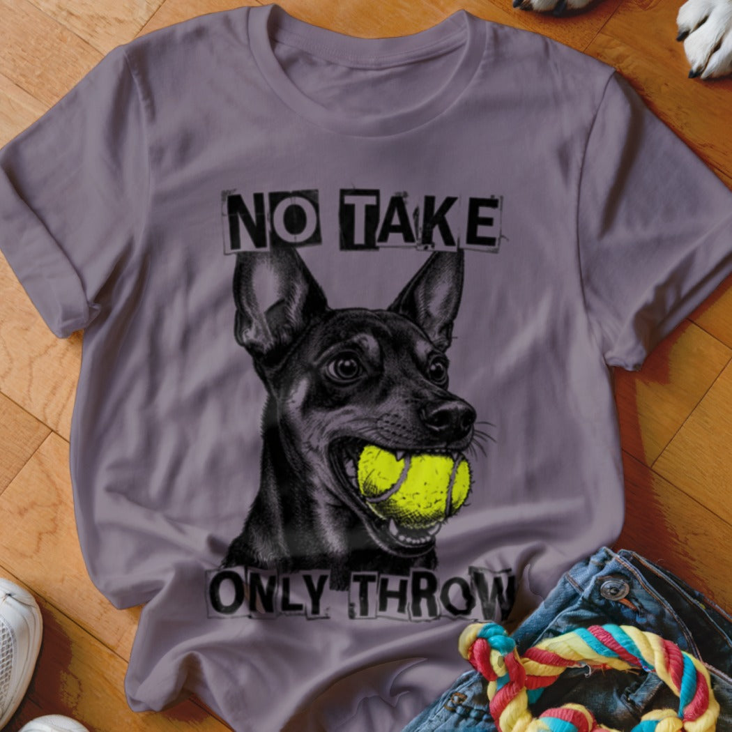 T-shirt with a dog holding a tennis ball in its mouth and text.