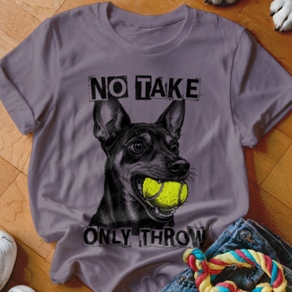 T-shirt with a dog holding a tennis ball in its mouth and text.