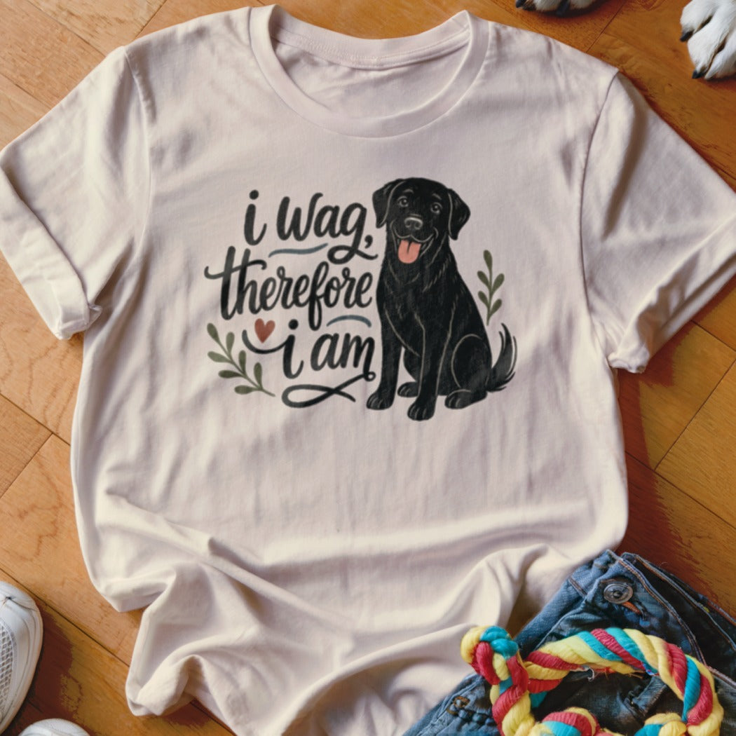 White t-shirt with black lab and text "i wag therefore i am".