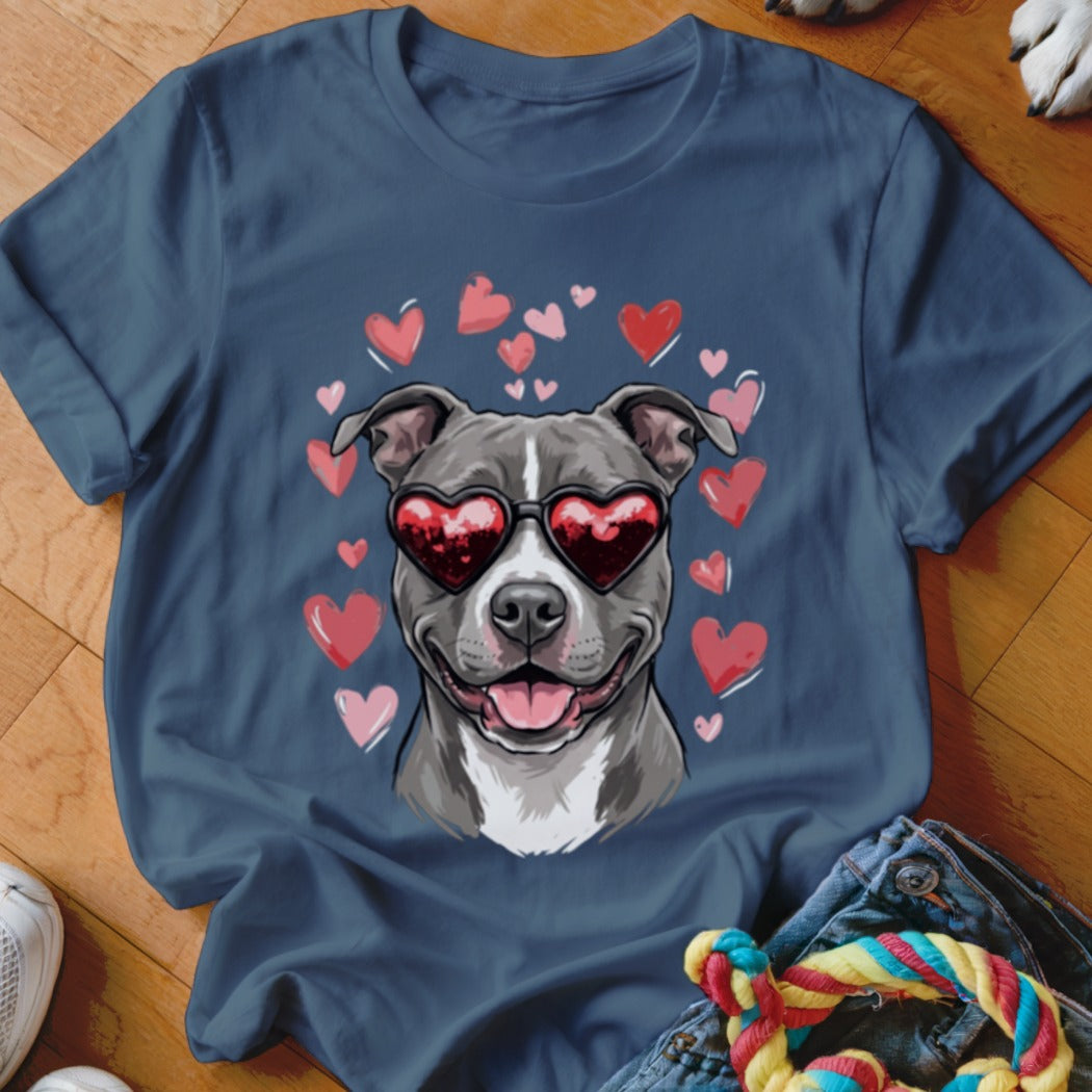 Navy blue t-shirt featuring a graphic of a grey dog wearing heart-shaped sunglasses surrounded by pink and red hearts.